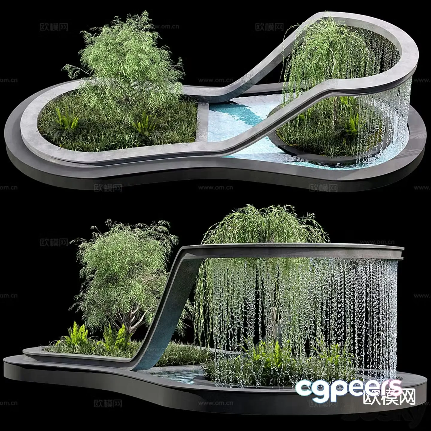 Courtyard water feature waterfall plant landscaping 3D model