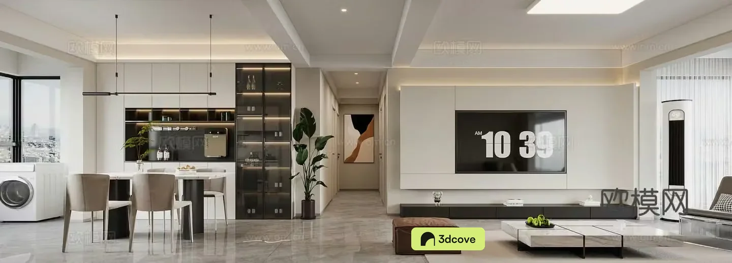 Modern living and dining room kitchen sofa combination dining table and chair TV wall