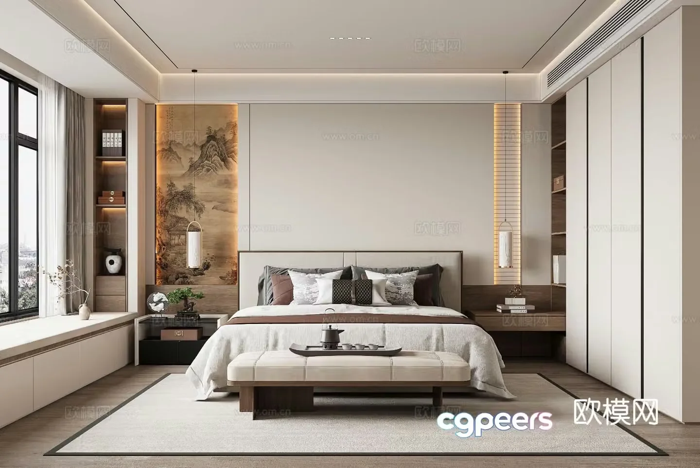 New Chinese Song style bedroom double bed wardrobe bed chandeliers 3d model