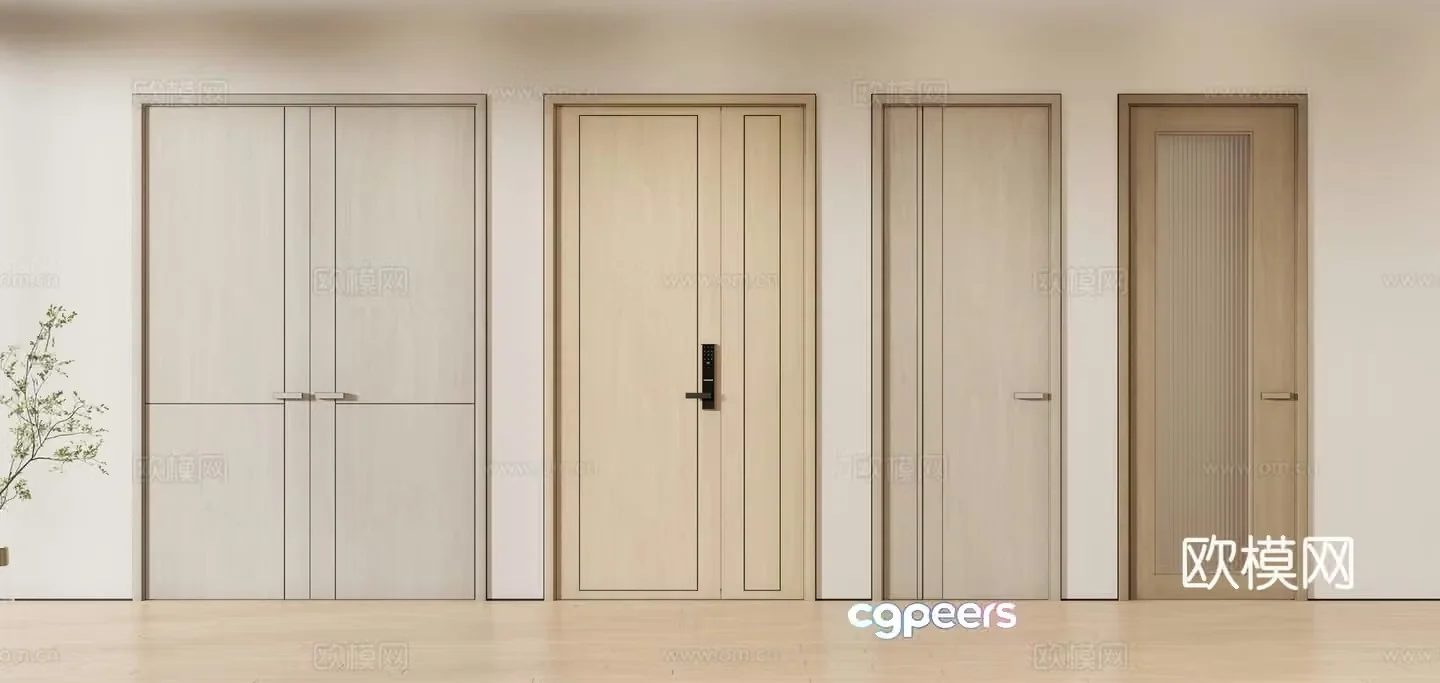 New Chinese style single door double door room door wooden door 3D model