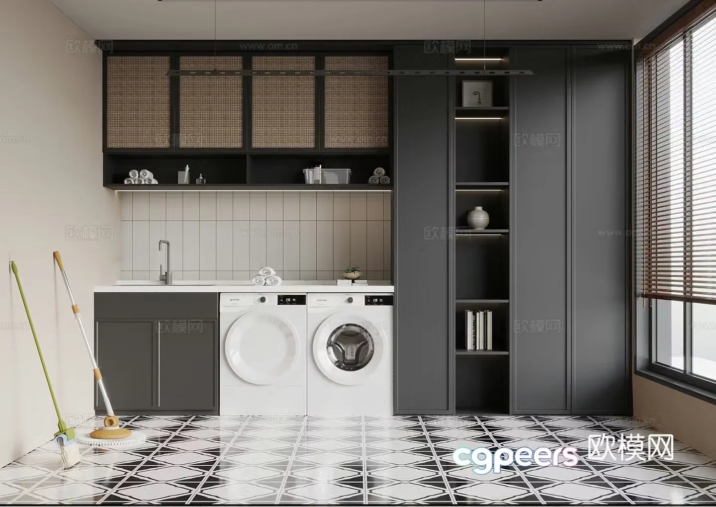 French washing machine cabinet clothes drying rack 3d model