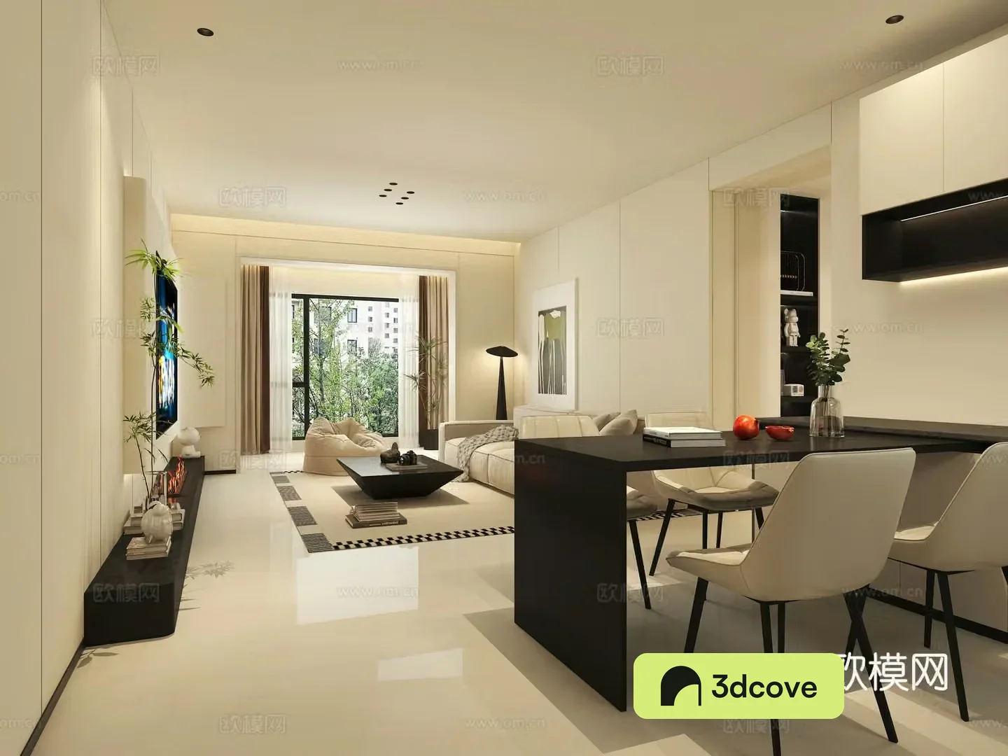 Modern minimalist living and dining room
