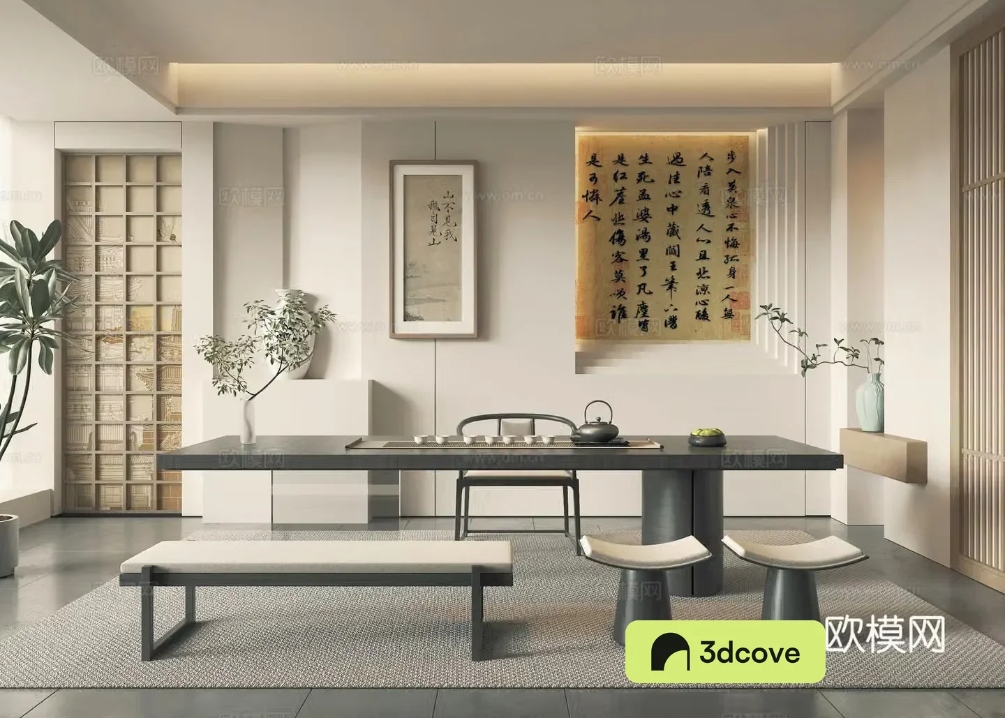 New Chinese-style tea room hanging paintings tea tables and chairs decorative ornaments