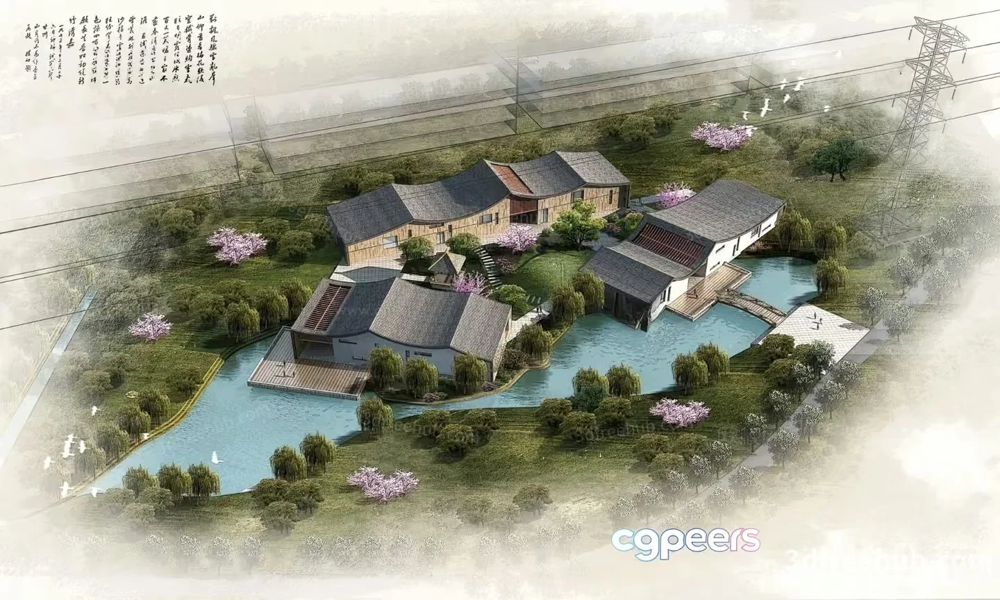 This Image Depicts A Serene And Luxurious House With A Large Pool And A Peaceful 3D Model – 1704 – VRAY Render
