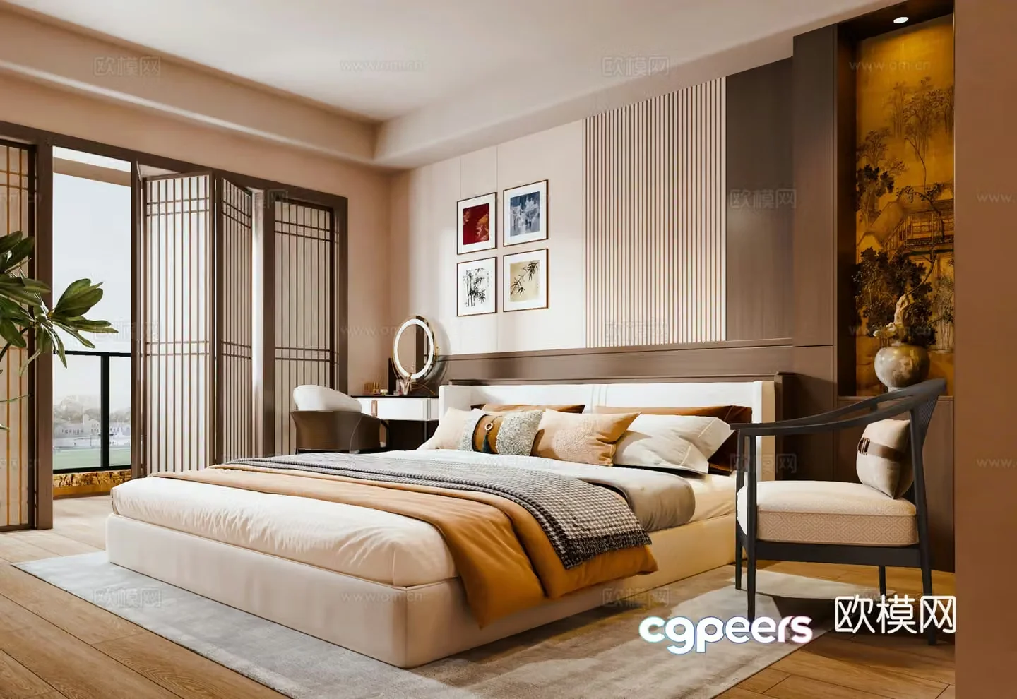 New Chinese style bedroom screen partition background wall double bed makeup table 3d model