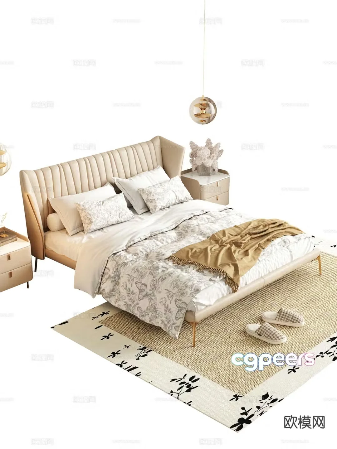 Cream style double bed 3d model