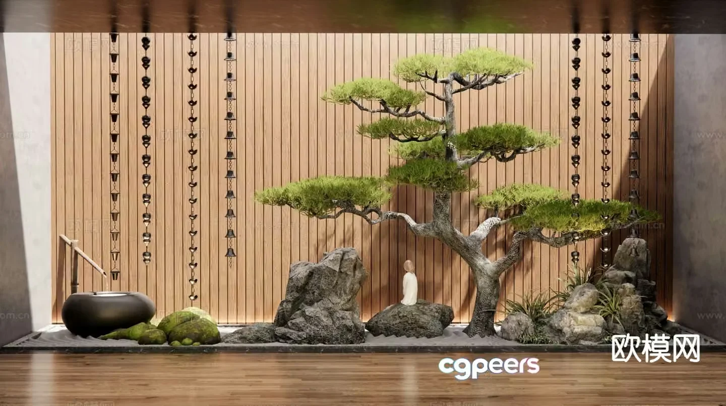 New Chinese style pine tree plant pile courtyard landscape sketch 3D model