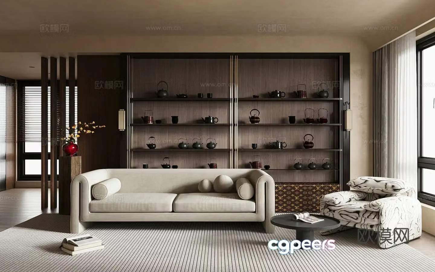 Medium-old home living room small living room solid wood tea cabinet sofa tea table combination tea pot tea set 3D model