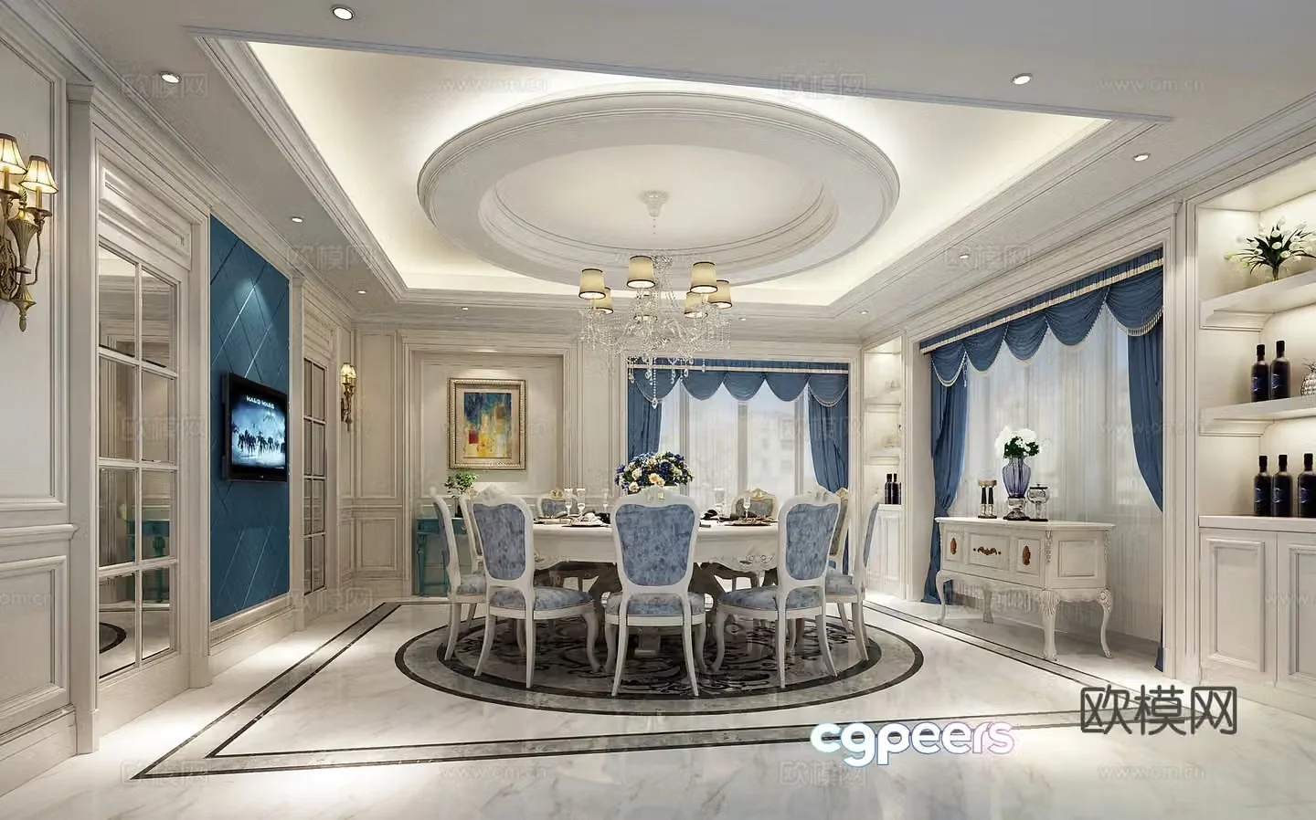 European classical restaurant dining table chandeliers wine cabinet decorative cabinet curtain wall lamp 3d model