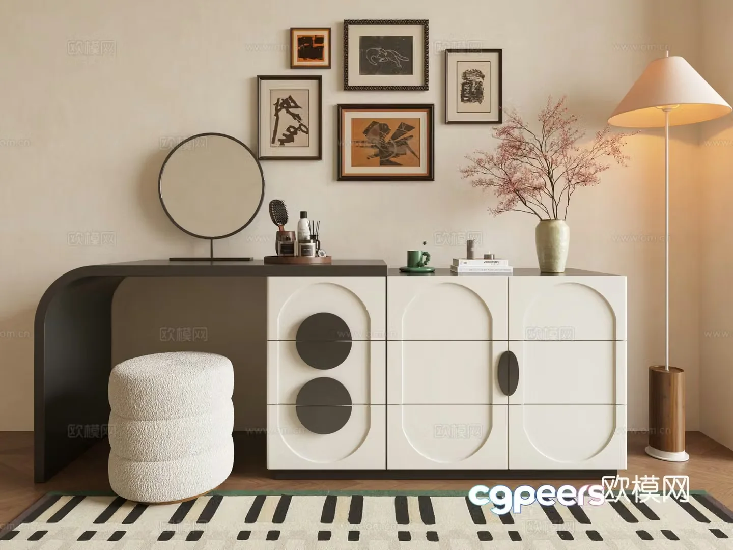 French dressing table Cream style dressing table Modern dressing table French decorative painting vanity mirror 3d model