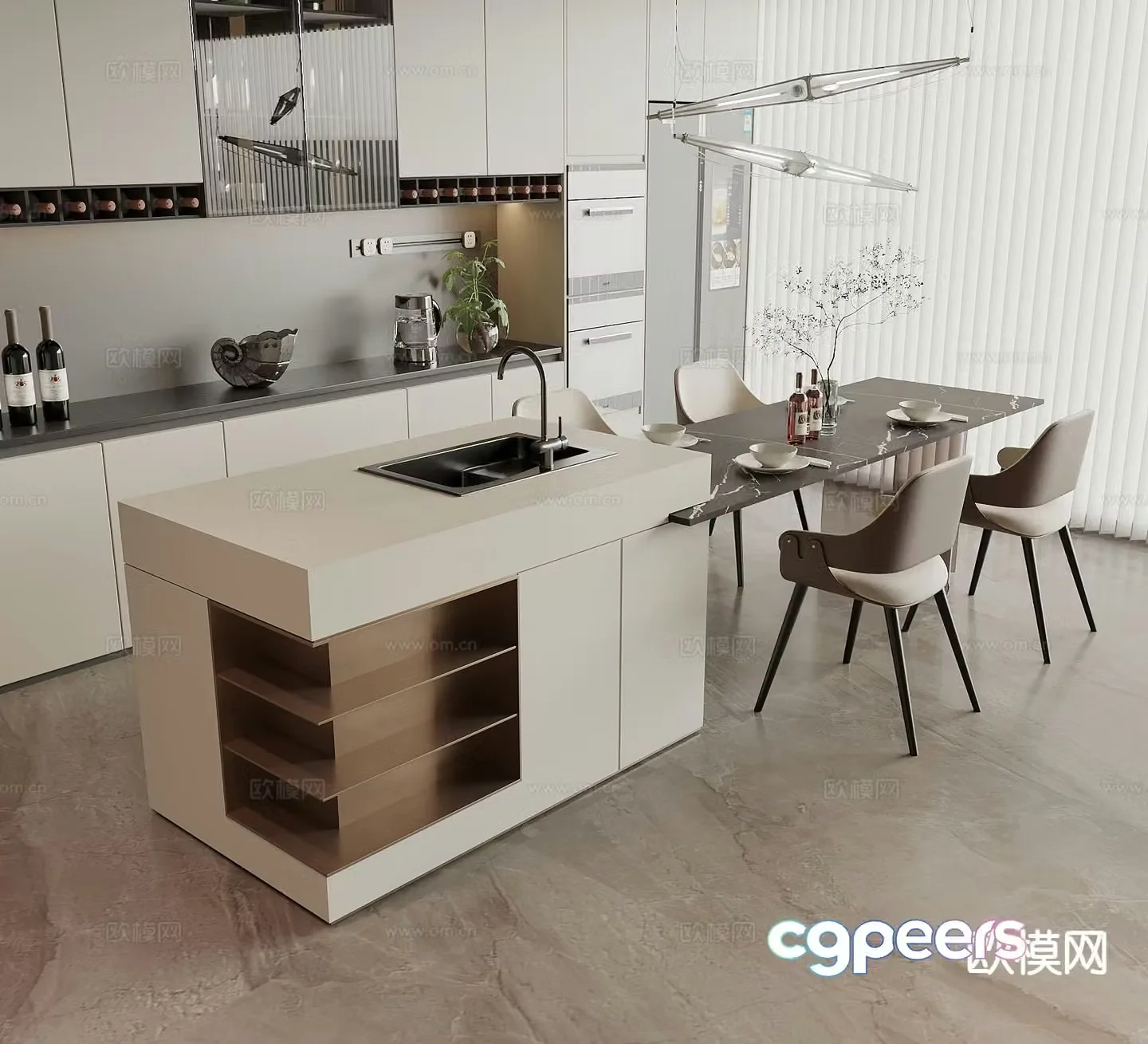 Modern island table dining table and chairs 3d model