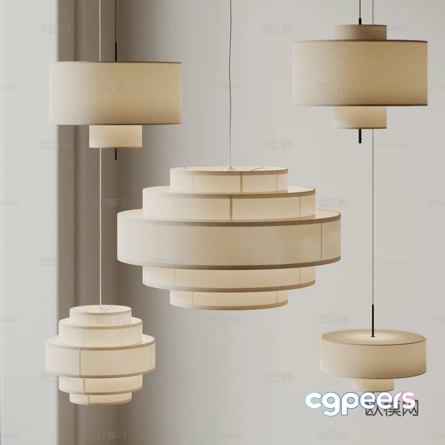 New Chinese style Wasabi Chandelier combination Lantern Paper lamp Linen chandelier 3D model