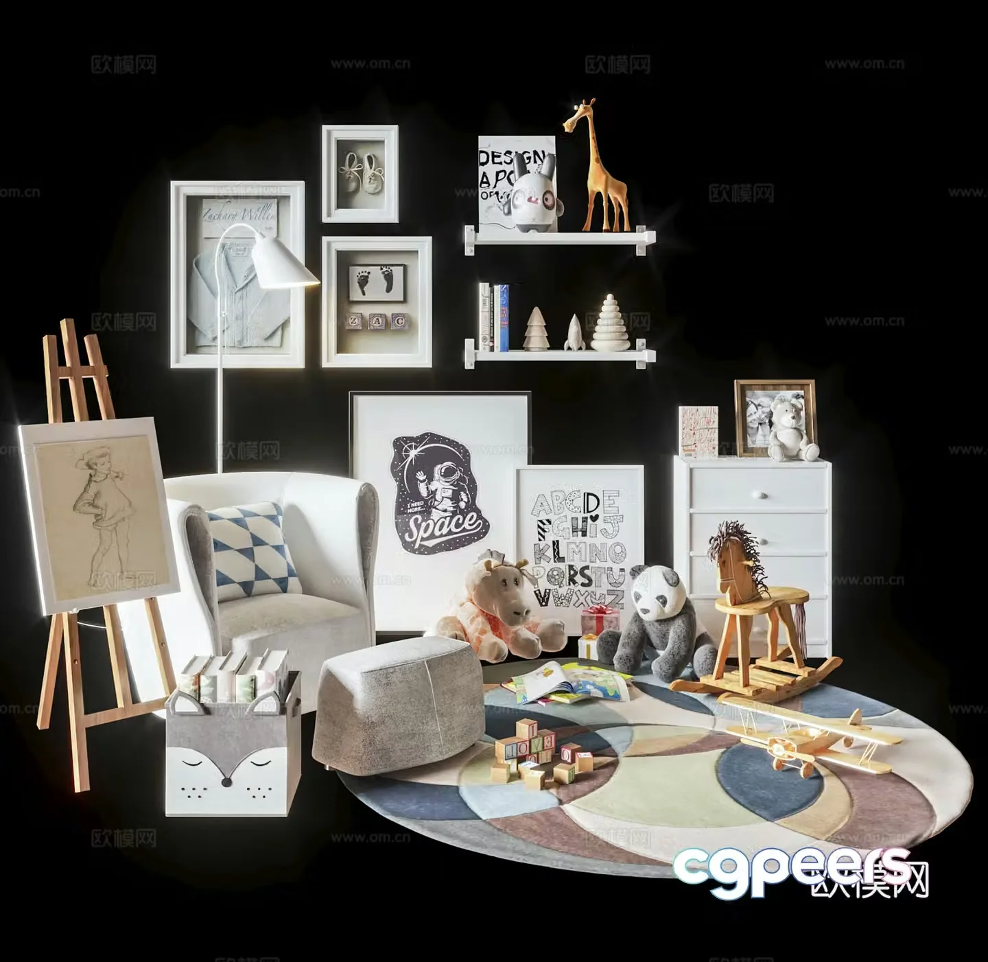 Modern children’s toys and accessories Art easel Children’s sofa Plush doll Wall decoration 3D model