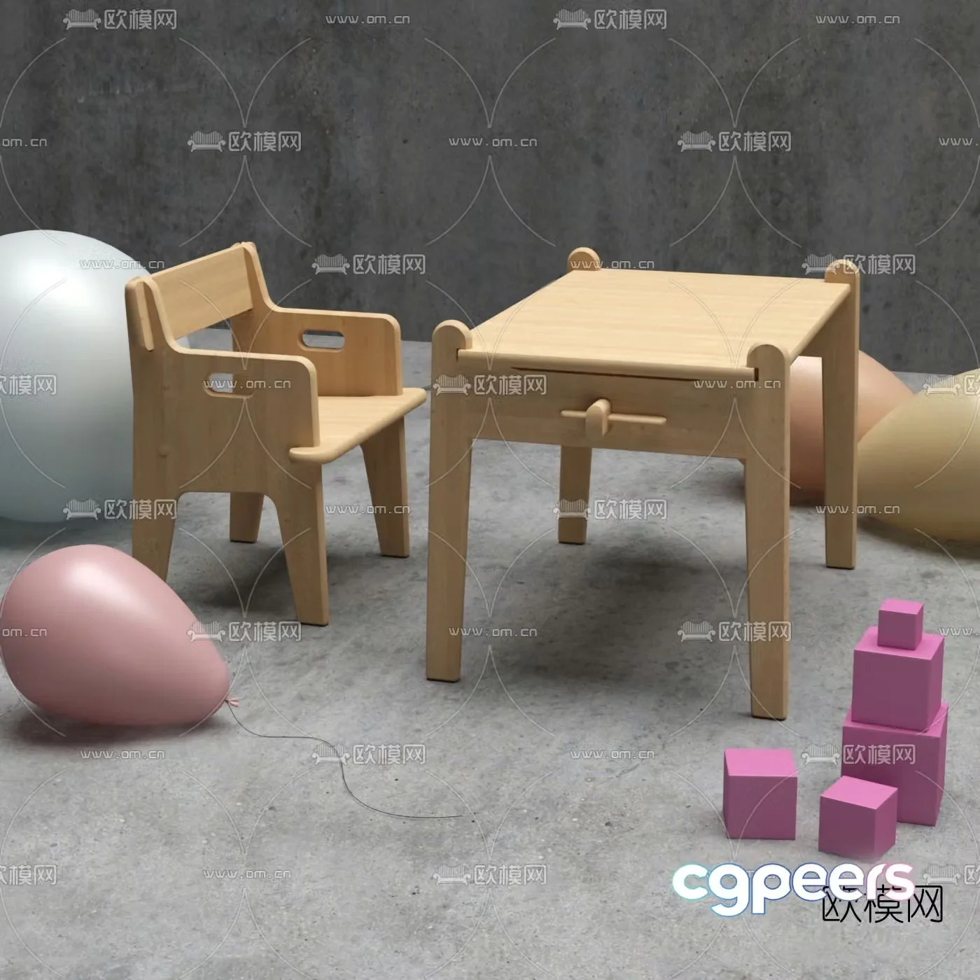 Modern wooden children’s table and chairs 3d model