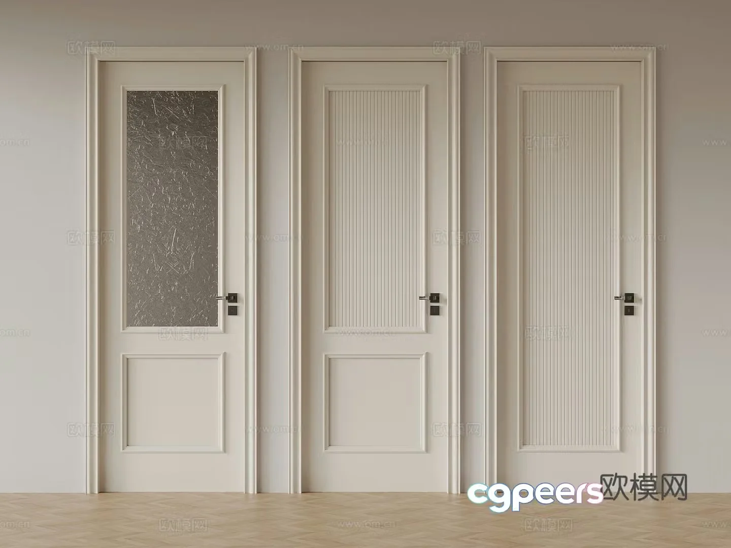 French cream-style interior door single-open door glass door solid wood door 3D model