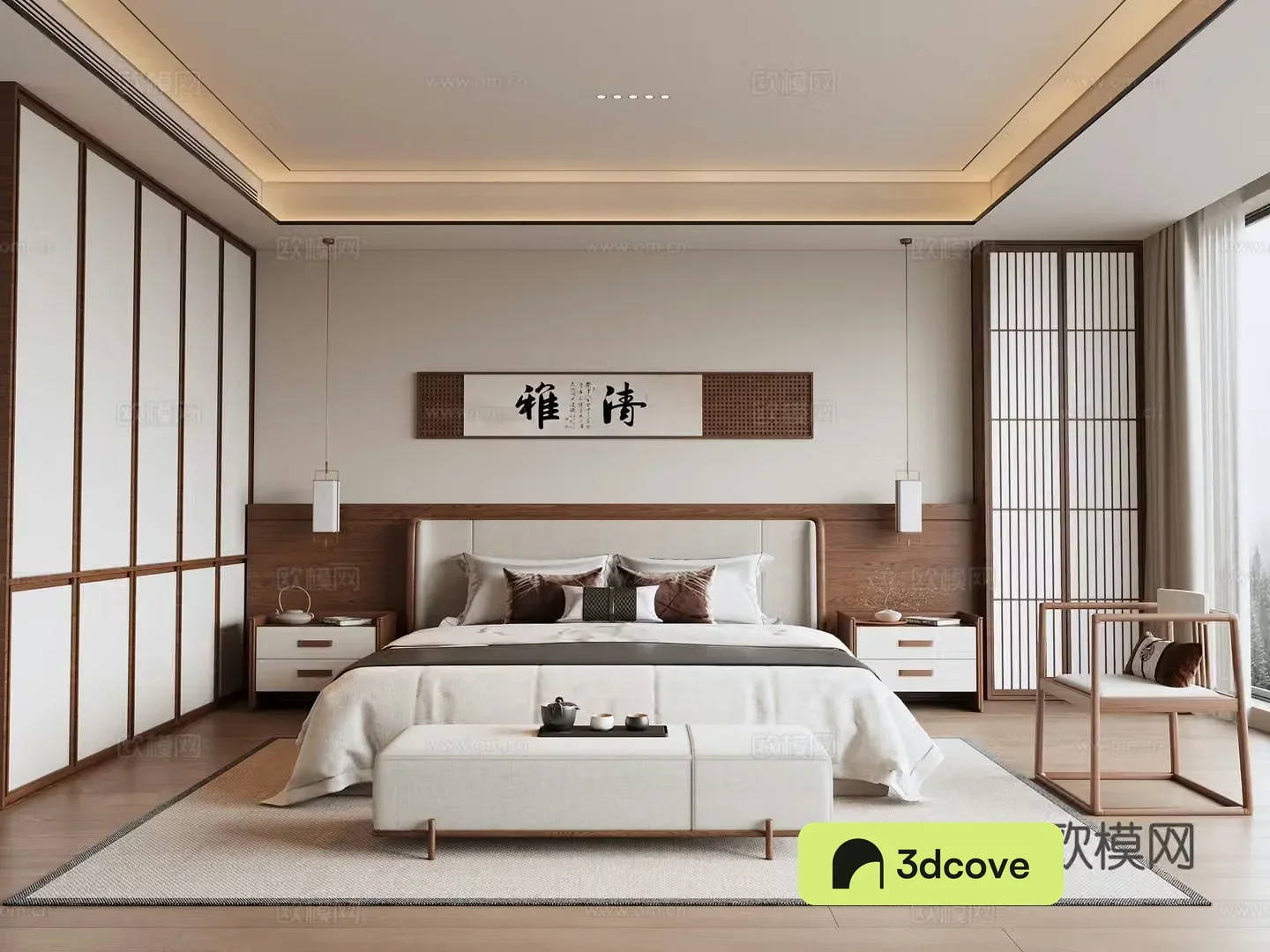 New Chinese style old-fashioned bedroom wardrobe bed painting leisure chair bed tail stool bedside table