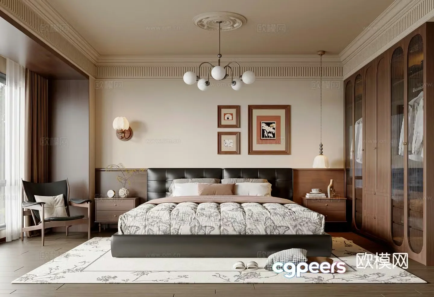 French medieval bedroom French double bed French chandeliers French wall lights Hanging paintings wardrobe 3D model