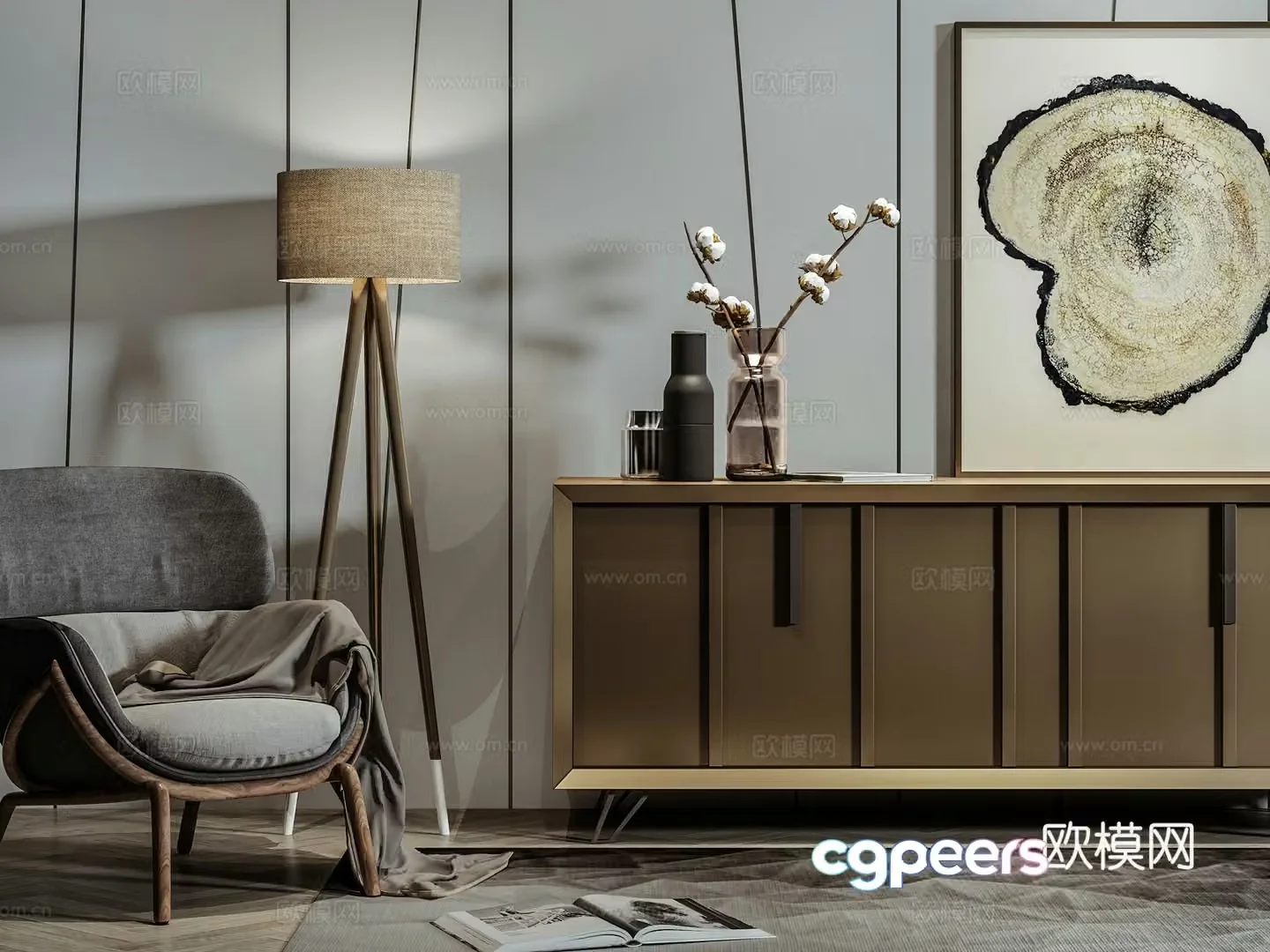Nordic decorative cabinet leisure chair combination painting floor lamp accessories 3D model