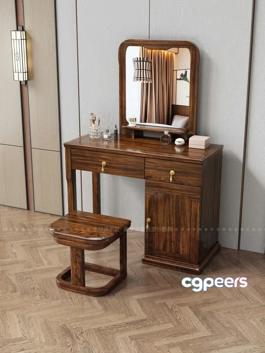 A Wooden Vanity With A Mirror 3D Model – 7235 – VRAY Render