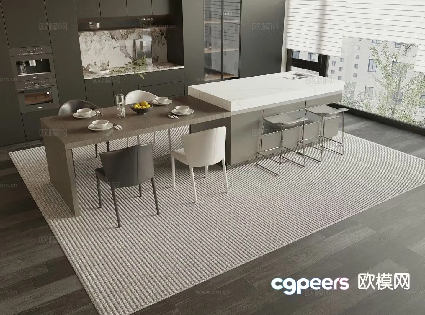 Modern island table dining table and chairs 3d model