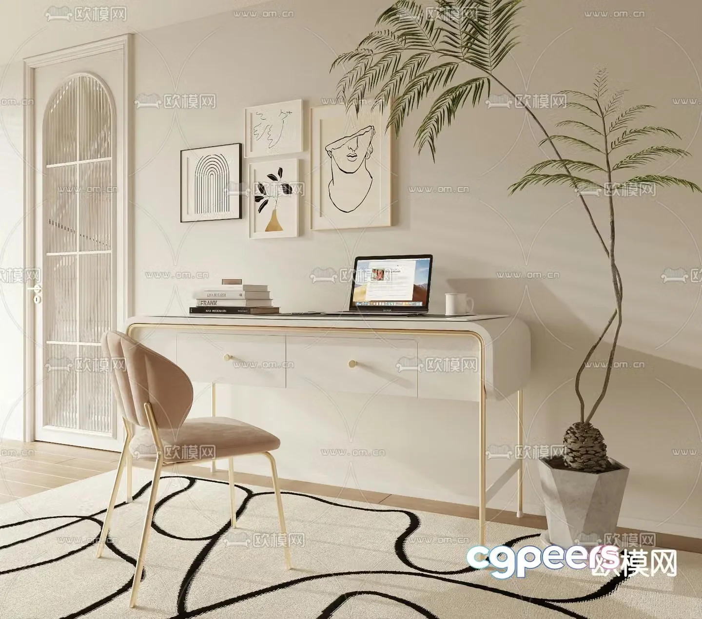 Creamy desk computer desk learning desk 3d model