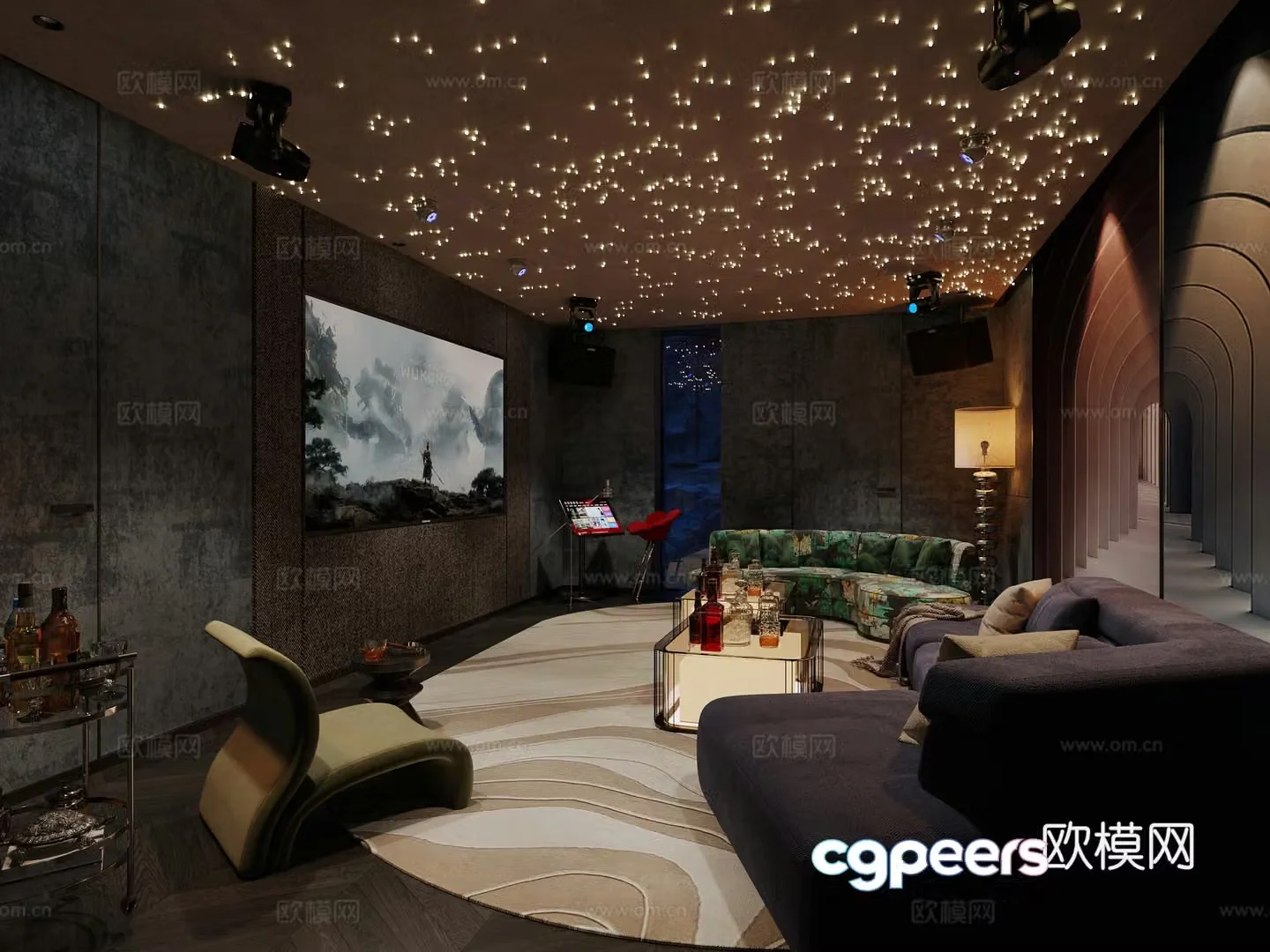 Villa Audio and Video Studio KTV Sofa Coffee Table Combination Starry Sky Top Floor Lamp 3D Model