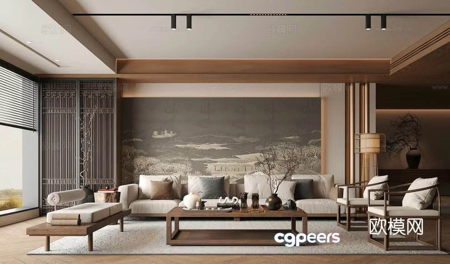 Song’s medieval style living room sofa and coffee table combination green plants accessories desk lamp chandeliers back 3D model