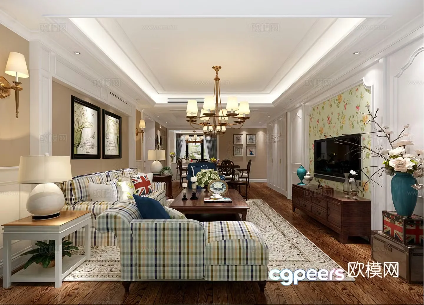 Simple American living and dining room sofa coffee table chandeliers paintings TV cabinets ornaments dining tables and chairs 3D models