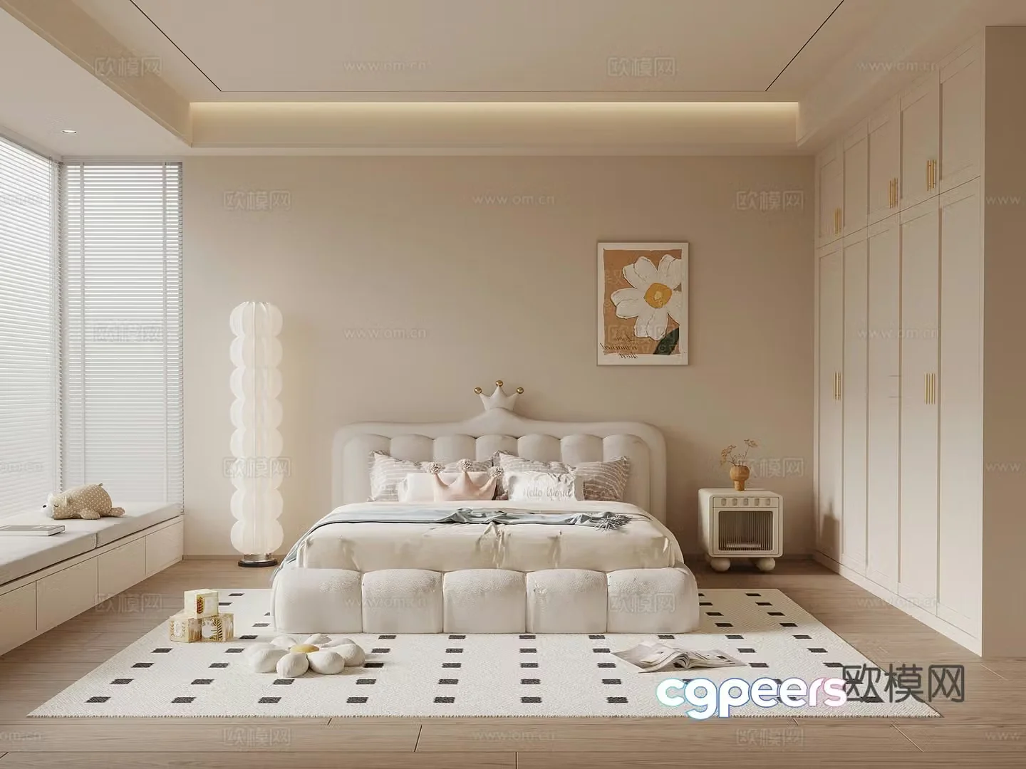Modern Cream Bedroom Children’s Bed Double Bed Bed Nightstand Chandelier 3D Model