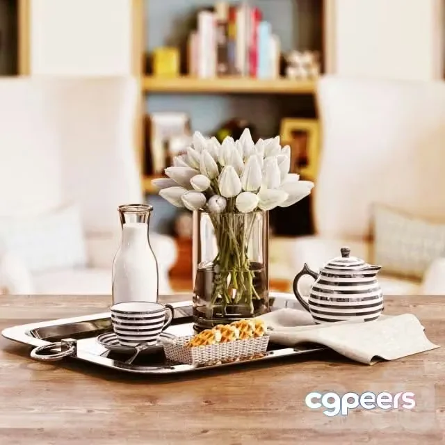 3ds Max Free – Tray with dishes and white tulips
