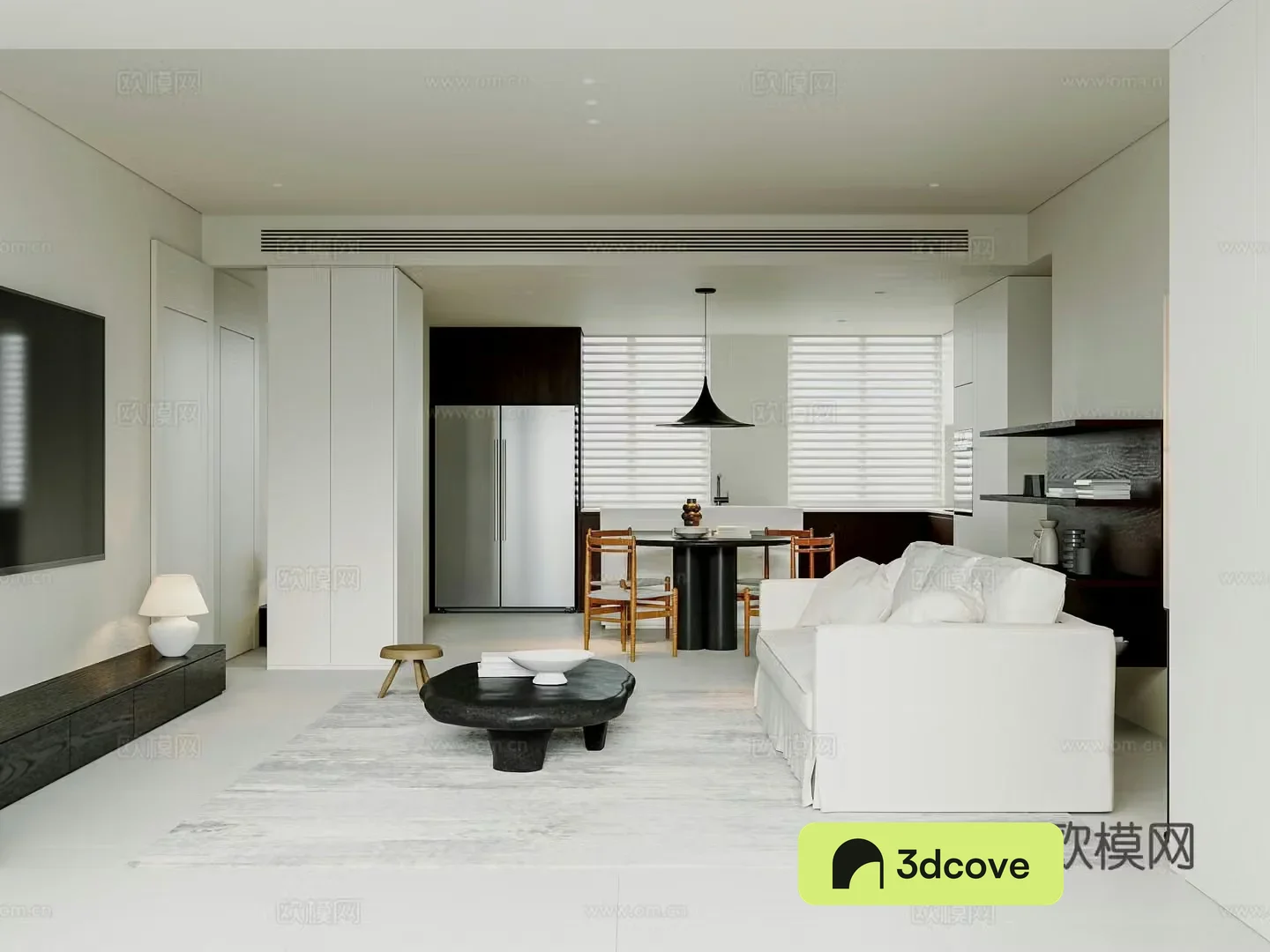 Minimalist medieval living room without lights Open kitchen Fabric sofa Medium ancient dining table