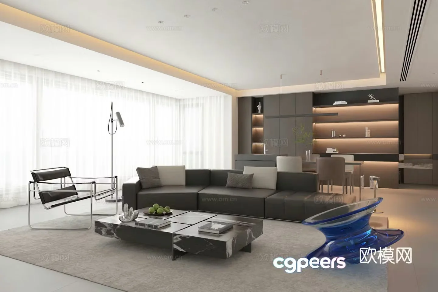 Modern style living and dining room 3d model