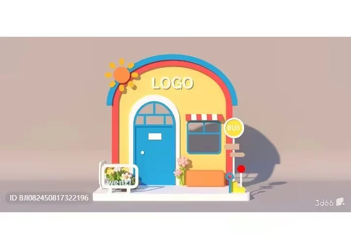 A Cartoon Building With A Blue Door And A Sign That Says Logo 3D Model – 6486 – VRAY Render