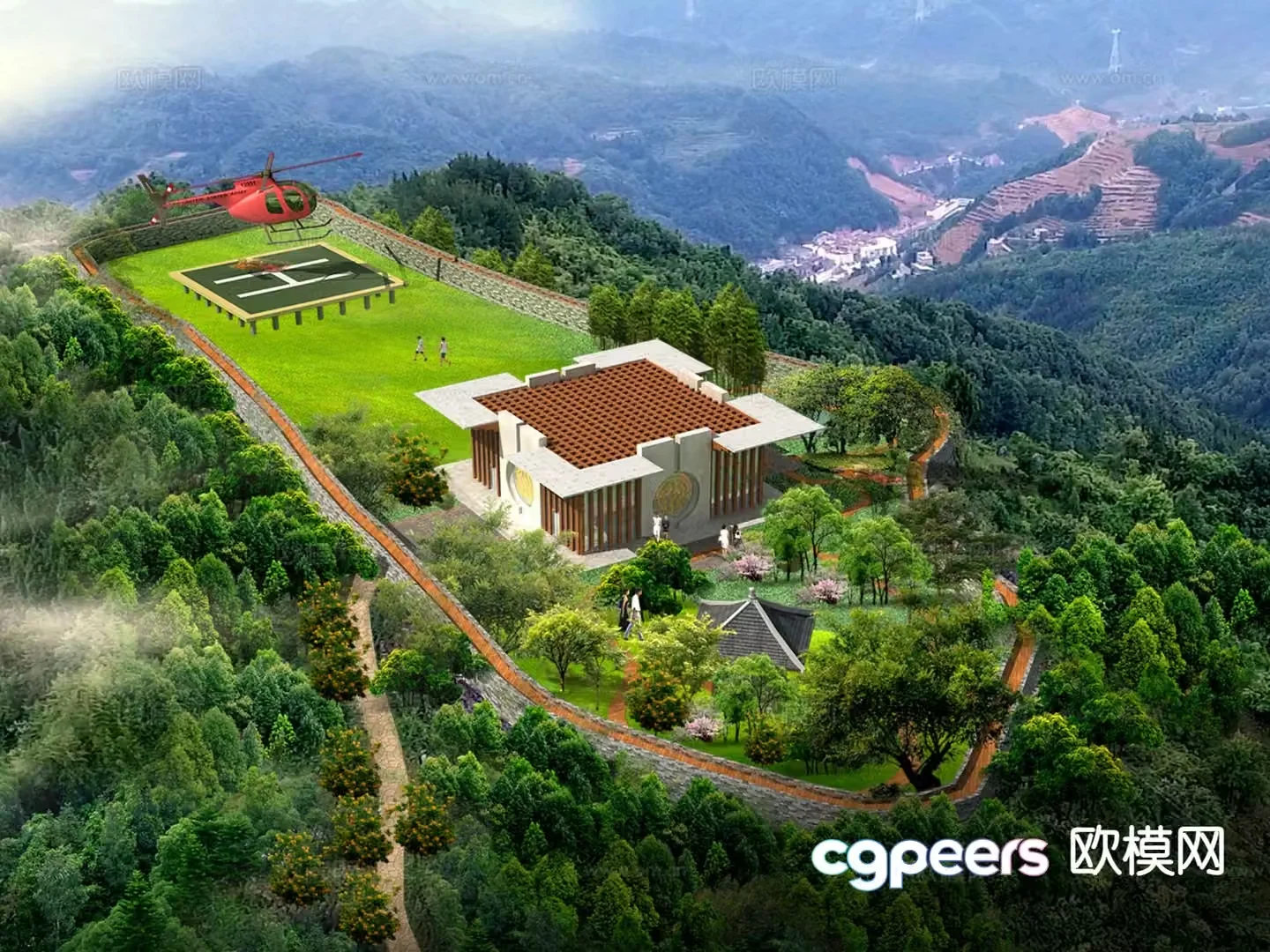 New Chinese-style ancient cottage mountaintop low-altitude flight base 3D model