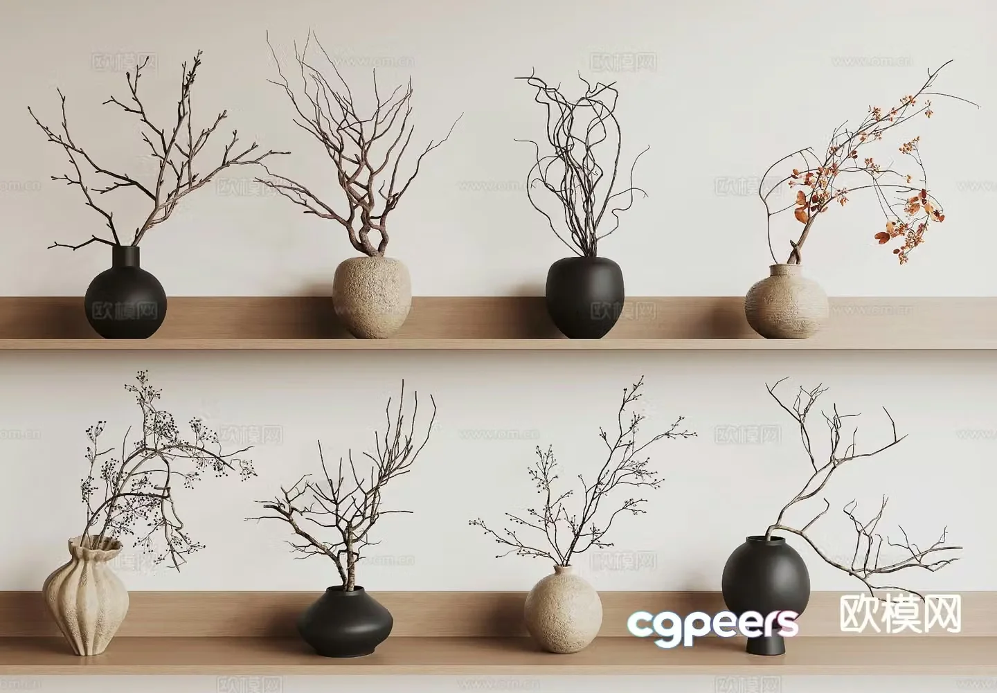 Wabi-sabi dry branch clay pot dead branch vase 3D model