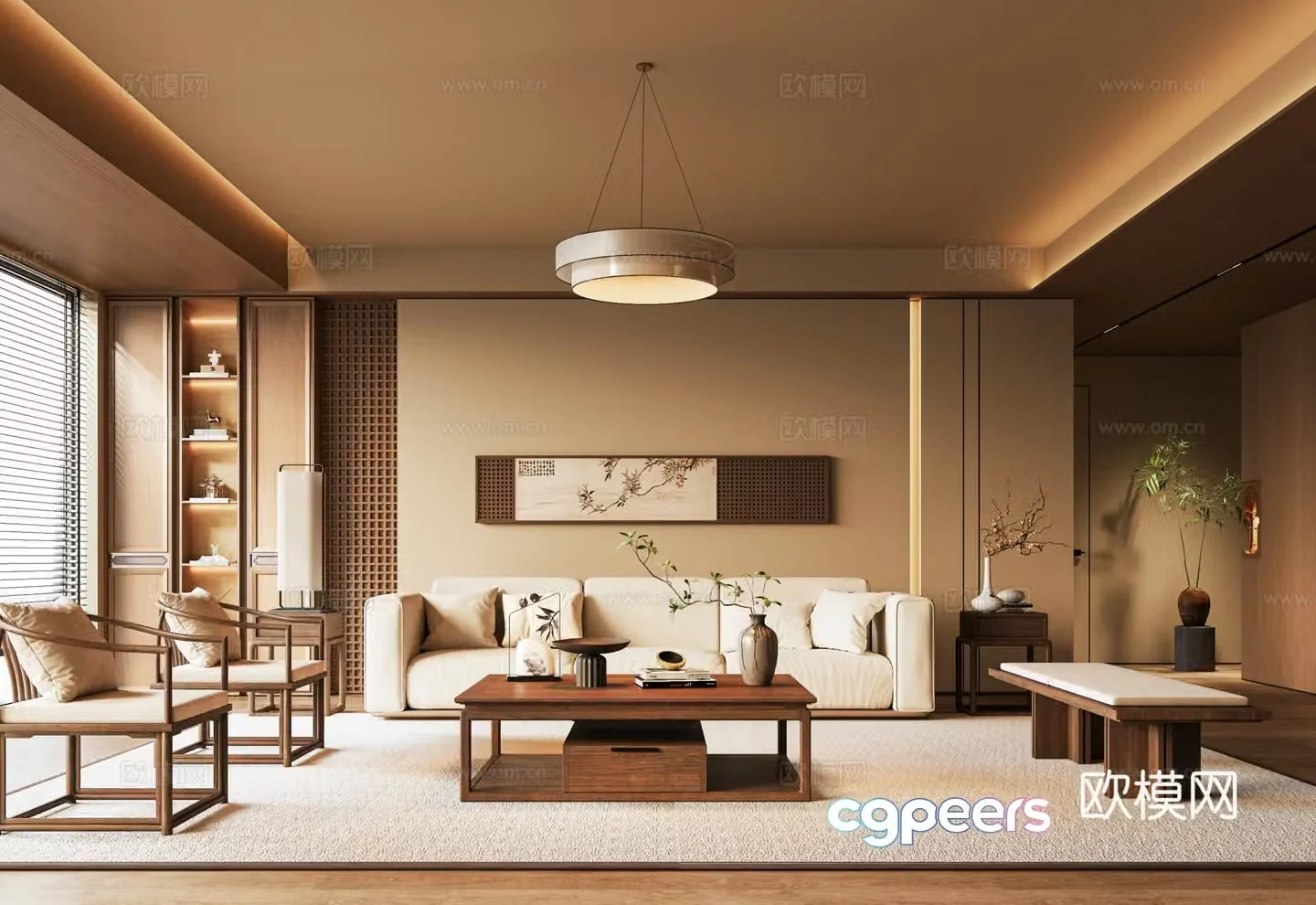 New Chinese living room sofa coffee table combination chandelier sofa background wall green plant potted plant 3D model