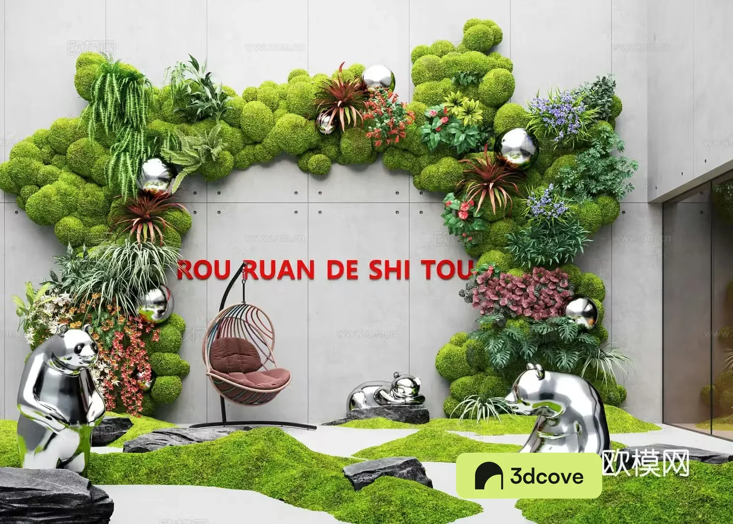 Modern interior landscape landscaping moss landscape moss landscaping plant wall metal sculpture