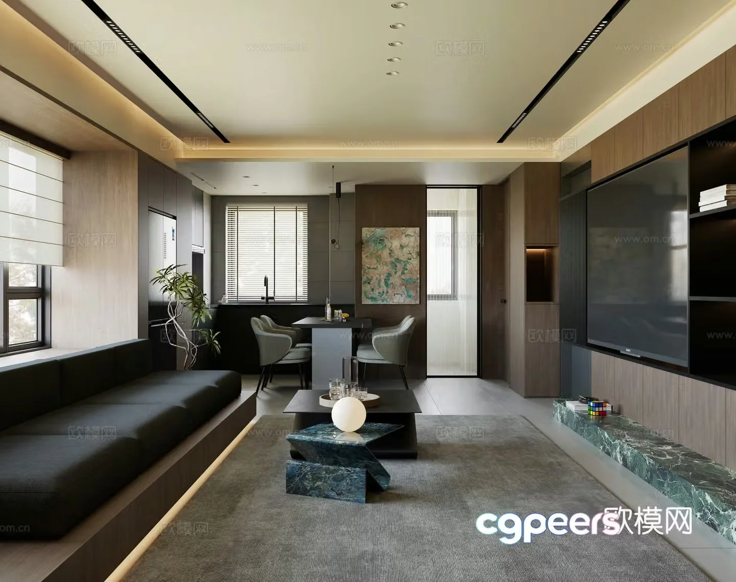 Modern living and dining room combination sofa dining table dark wind dark wind open kitchen western kitchen 3d model