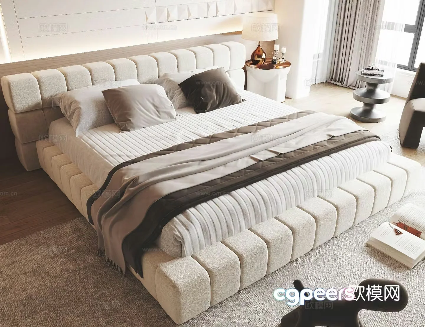 Cream style double bed 3d model