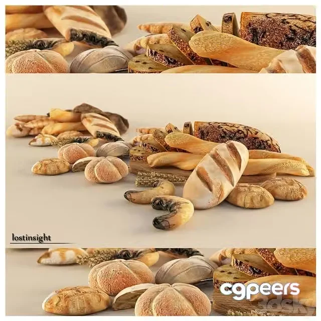 3ds Max Free – Bread Cravings (8 different types of bread, cloth, barley grain, chopping board)