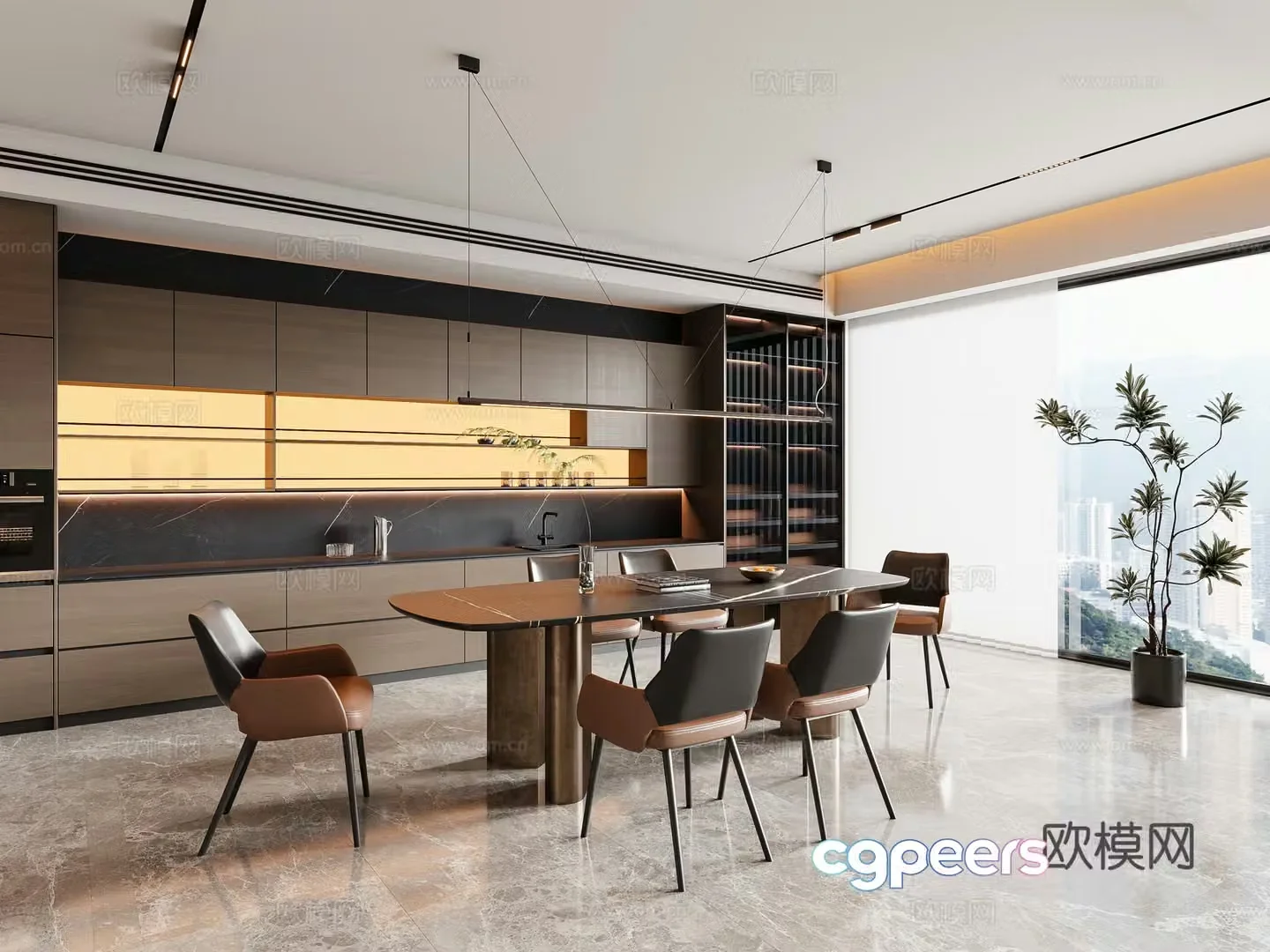 Modern Italian restaurant dining table and chair chandeliers wine cabinet sideboard 3d model