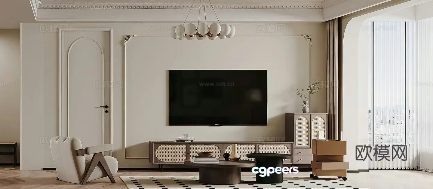 Middle style living room TV background wall French living room retro living room TV cabinet leisure chair 3d model