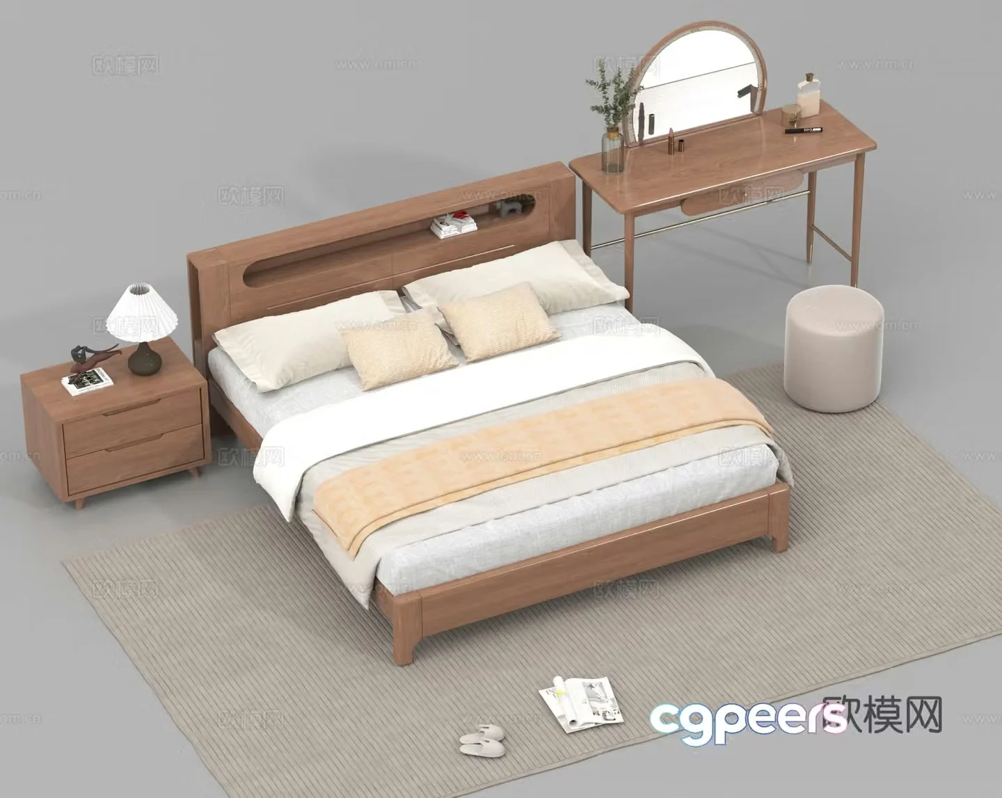 Double bed bedding nightstand dressing table 3d model