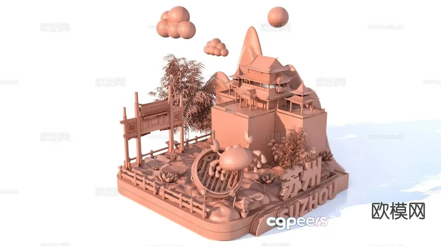 3D model of characteristic urban ancient buildings and scenic sculptures