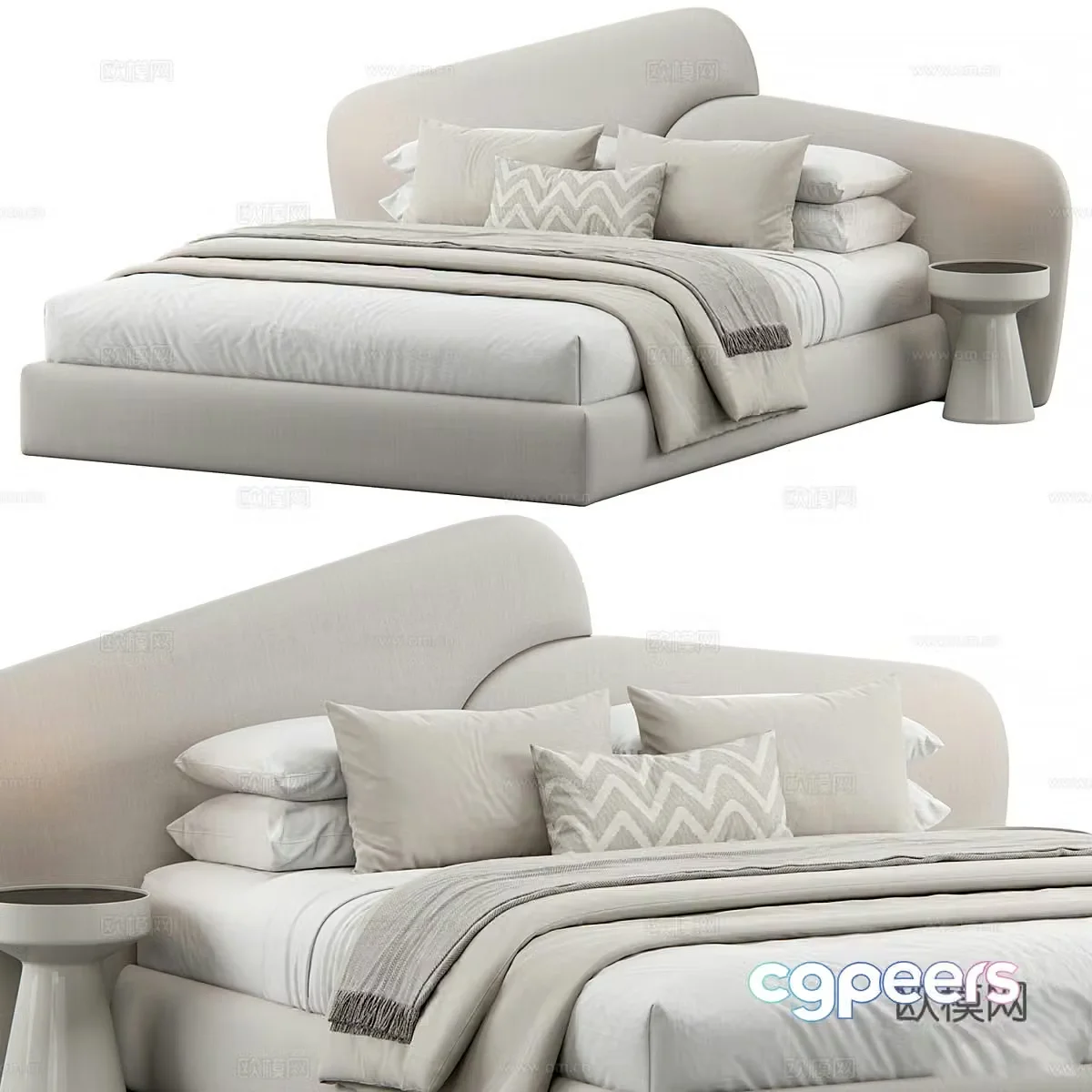 Modern cream style fabric double bed 3d model