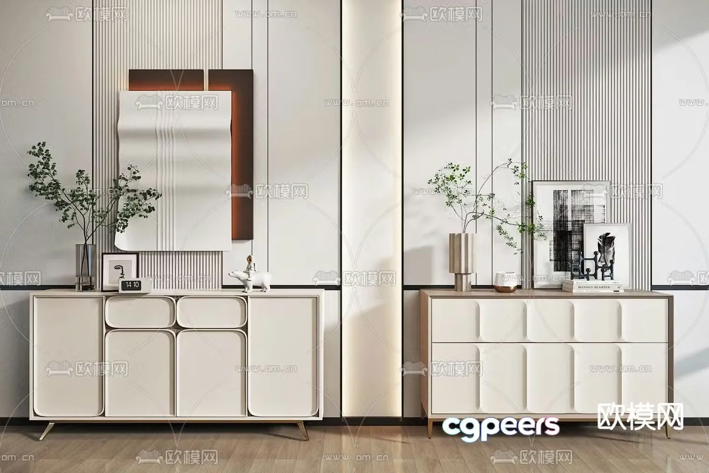 Creamy style entrance cabinet end view cabinet 3D model