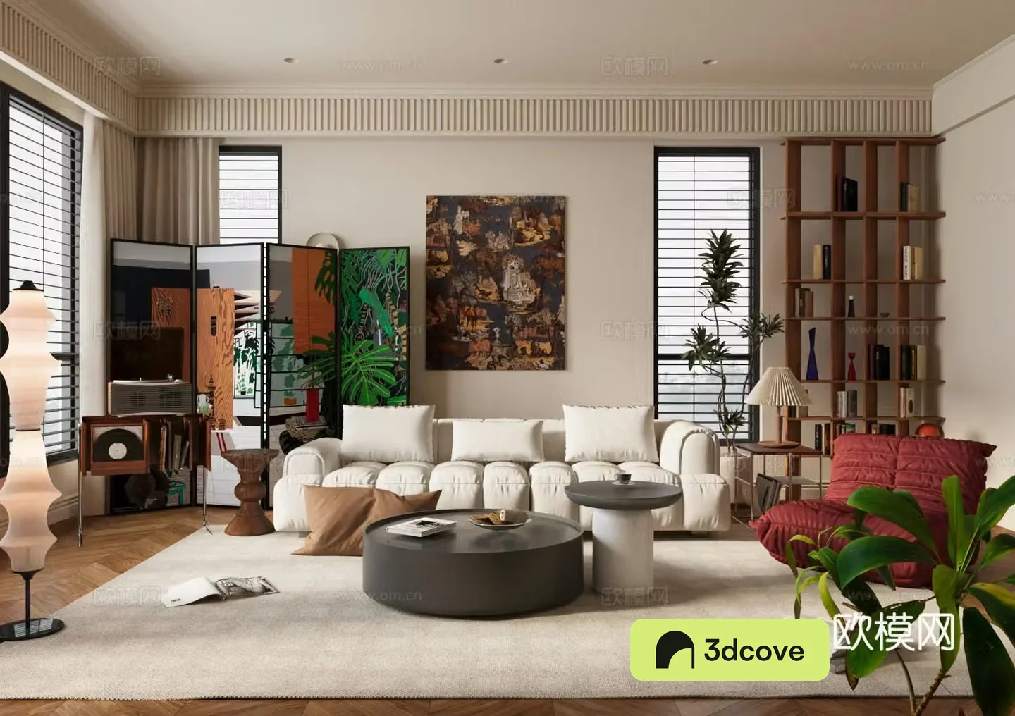 Medium-old home living room Home living room Sofa coffee table combination Medium-old screen Floor-standing lamp 3D model