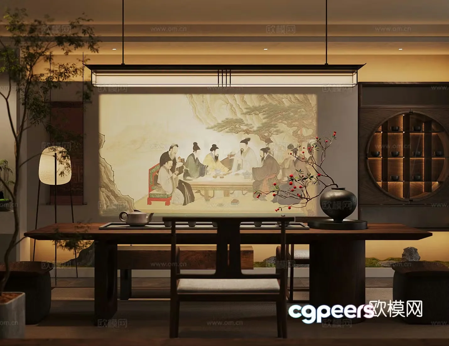 New Chinese-style Zen tea room tea tasting area tea table and chair combination club tea room Song-style aesthetic tea room 3D model