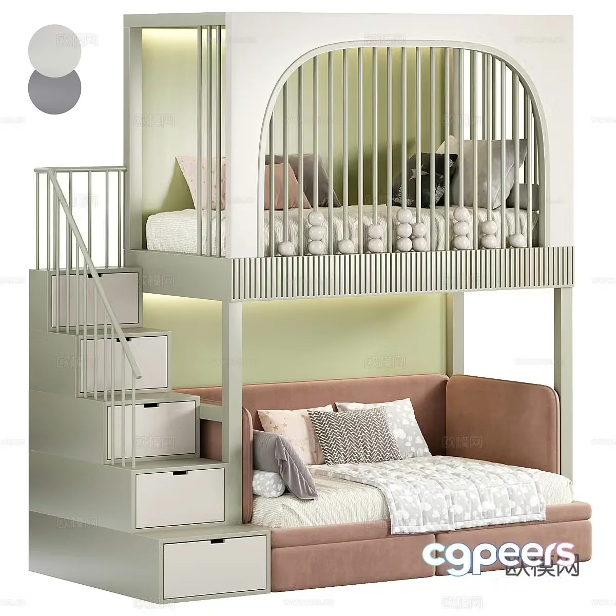 Nordic bunk bed high and low bed children’s bed 3D model