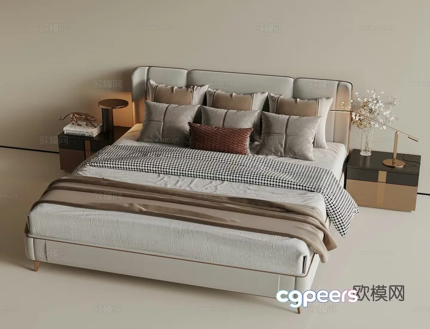 Modern light luxury double bed fabric double bed light luxury bed nightstand 3D model